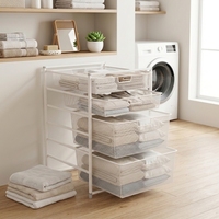 Chariot de rangement multifonctionnel à 4 niveaux avec paniers en treillis métallique, roulettes pivotantes et plateau en bois pour la maison et le bureau