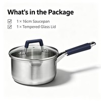 Casserole Premium en Acier Inoxydable Triple Couche 16cm avec Couvercle en Verre, Poignée Anti-Chaleur, Compatible Induction et Tous Types de Chaleur, Lavable au Lave-Vaisselle
