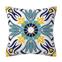 Housse de coussin en polyester imitation lin style bohème, résistante à la décoloration, imprimée bleue, pour décoration