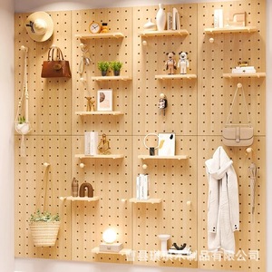 Solid Wood Pegboard <b>Wall</b> Panel Rectangle <b>Wall</b> <b>Mounted</b> Storage <b>Shelf</b> For Entryway And Kindergarten Display - Product Image 1