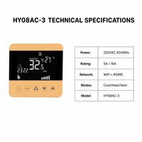 Termostato Inteligente WIFI HYSEN HY08AC-3 para Fan Coil, para Aire Acondicionado Central de 2/4 Tubos, Comunicación Modbus RS485, Aplicación Tuya, Control de Ventilador de 4 Velocidades