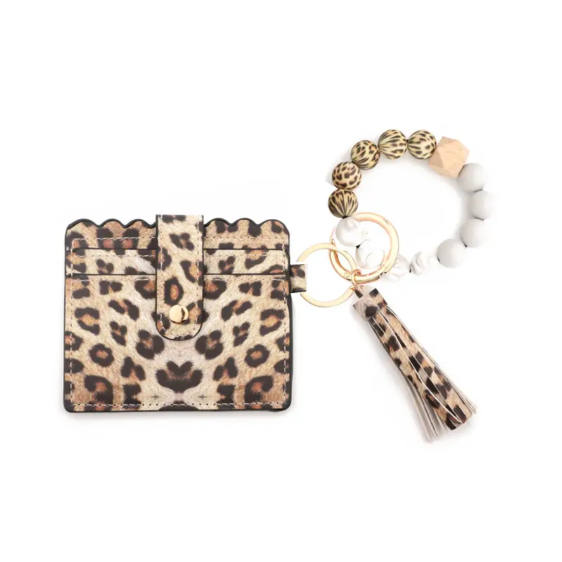 Ladies Leopard Print Silicone Bead Pulseira com PU Tassel PU Tassel Chaveiro e Card Bag PU Leather Wallet Outros Lanyards