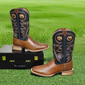Bottes d'équitation pour hommes en cuir montantes au genou, bottes de chevalier militaires d'extérieur style cowboy occidental, fermeture éclair latérale, chaussures brodées, noir-42