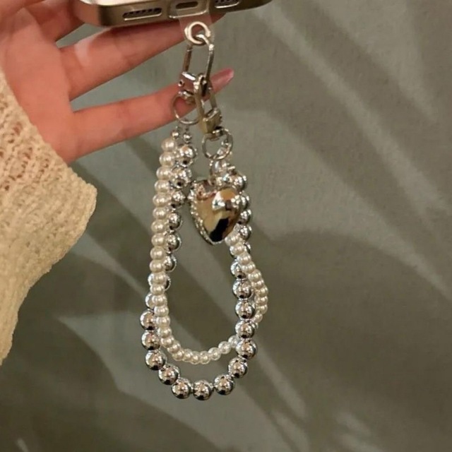 Y2k Style Silver Color Beads Phone Charm Strap KeyChain with Love Heart Shaped Korean Fashion Handbag Ornament Accessories Gift