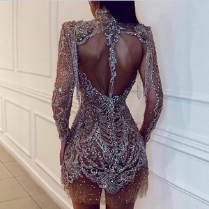 Robe de cocktail pour femme, moulante à sequins, manches longues, col rond, découpes, taille naturelle, tenue de soirée - Product Image 3