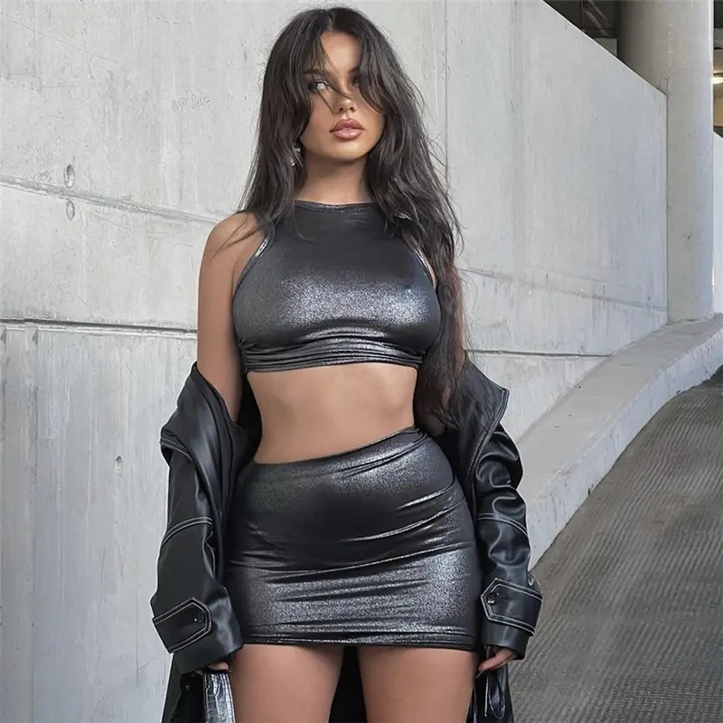 Women Clothes Leather Crop 2 Piece Outfit Sexy Tank Top Elastic Drawstring Skirt Women Two Piece Sets