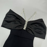 Robe bandage sexy à épaules dénudées avec losanges pour femmes, manches plissées noires, robes moulantes longues en cristal pour fête de célébrités