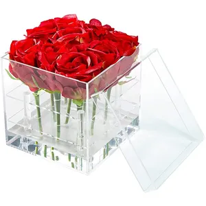 Caja de exhibición de maceta de flores transparente, caja de exhibición cuadrada de 2 niveles para cumpleaños, para madre, 9 agujeros, acrílico, suministros de boda de lujo