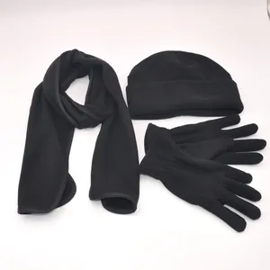 Winter Warm Adult Warm Thermal Black Scarf Beanie Glove Sets Polar Fleece Hat Scarf Gloves Set