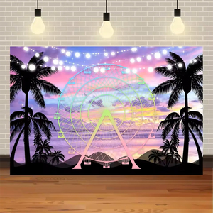 Fondo Fotográfico Musical para Fiesta de Cumpleaños con Temática de Rueda Gigante al Atardecer junto al Mar, Festival, Boda, Vacaciones Tropicales de Hawái con Palmeras de Coco - Product Image 3