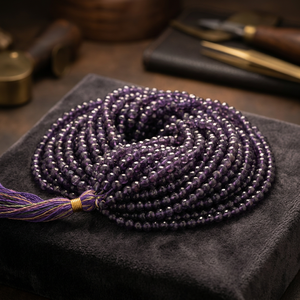 Collier de perles d'améthyste violette naturelle, chapelet bouddhiste Mala de 108 perles, chapelet de pierres précieuses polies avec pompon - Product Image 2