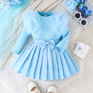 ชุดเสื้อผ้าเด็กผู้หญิง ชุดน่ารักสไตล์เจ้าหญิง ผ้าขนสัตว์ผสม แต่งลายทางหวานๆ แขนยาว ผ้าตาข่าย โบว์ผูกเอว กระโปรงสั้นจีบระบาย ระบายอากาศได้ดี - Product Image 3