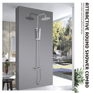 Ensemble de robinetterie de douche <span class=keywords><strong>thermostatique</strong></span> contemporain en acier inoxydable apparent pour salle de bain, avec système de douche pluie, idéal pour les hôtels - Product Image 1