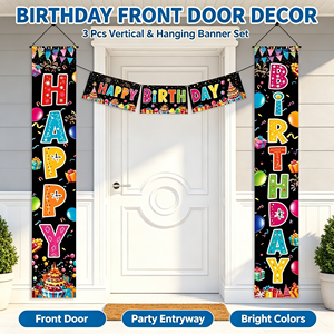 Buntes Happy <span class=keywords><strong>Birthday</strong></span> Veranda-Banner mit Schwarzem Hintergrund Türschild Kulisse Kinder Jungen Mädchen Geburtstagsparty Zubehör Hängedekoration - Product Image 2
