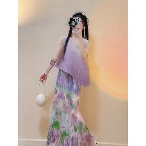 Robe d'été mi-longue décontractée avec motif floral dégradé violet tissé taille naturelle Logo sur le devant-Light Mature Non-Collision Wear - Product Image 4