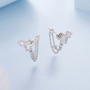 Silver Plated Zircon Stud <b>Earrings</b> With Chain <b>Dangle</b> Women's Trendy Party Jewelry Round Brilliant Cut Alloy Fashion Ear Studs - Product Image 2