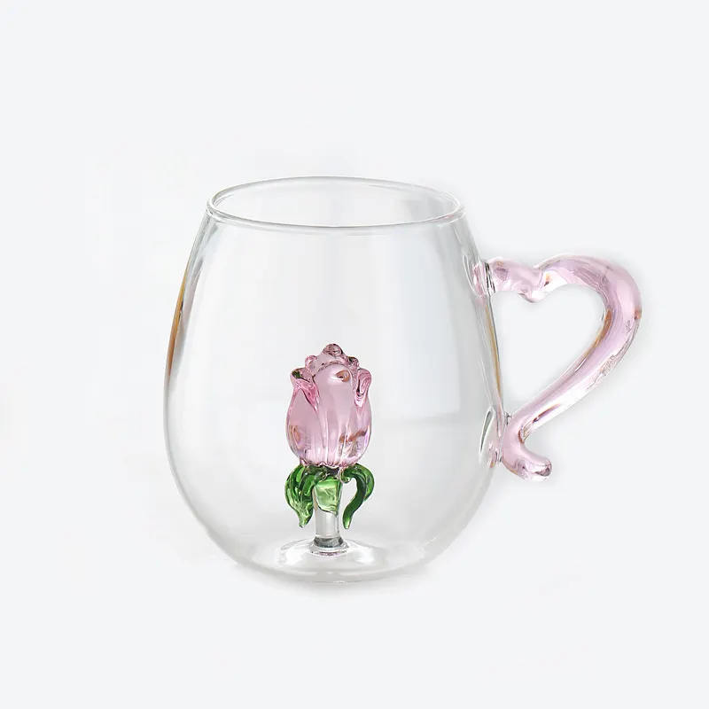 Tazze d'acqua in vetro per succo di latte a forma di fiore di rosa 3D in stile creativo con manico a cuore dolce carino per decorazioni da tavola per la casa nordica