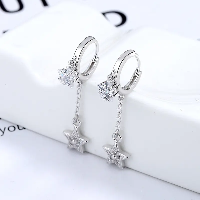 Delicate Hot Sale Silver Earrings Trendy Diamond CZ Cubic Zirconia Stone Star Tassel Earrings for Women