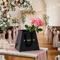 Sac en papier noir trapézoïdal FL83 avec logo en feuille d'aluminium et poignée en ruban pour bouquet, emballage cadeau pour fleuriste, mariage, fête