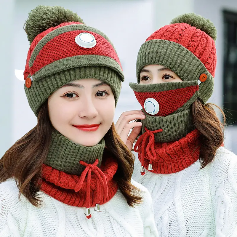 Panas Dijual Korea Gaya Musim Dingin Topi Syal Masker Tiga Potong Hangat Wol Topi Rajut dan Wol Menebal Sepeda Pelindung Telinga