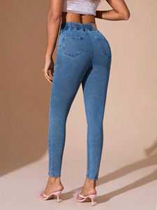 Jean slim vintage pour femme, coupe ajustée, extensible, bleu clair, style décontracté pour maman, toutes saisons - Product Image 5