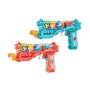 QS Custom Printed Children Toy Plastic Colorful Flashing Launching Bullet Transparent Gear Gun B/O Gear Gun Toys For Sale