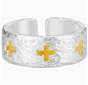 Bague croix en <span class=keywords><strong>or</strong></span> à texture martelée plaquée <span class=keywords><strong>argent</strong></span> sterling de créateur Bague croix religieuse à index unique pour homme - Product Image 4