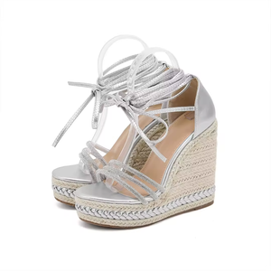 Sandales élégantes de luxe pour femmes à bout ouvert, talons compensés, été automne, lacets, tissées, talons hauts à semelle épaisse, à enfiler, talons hauts de luxe - Product Image 1