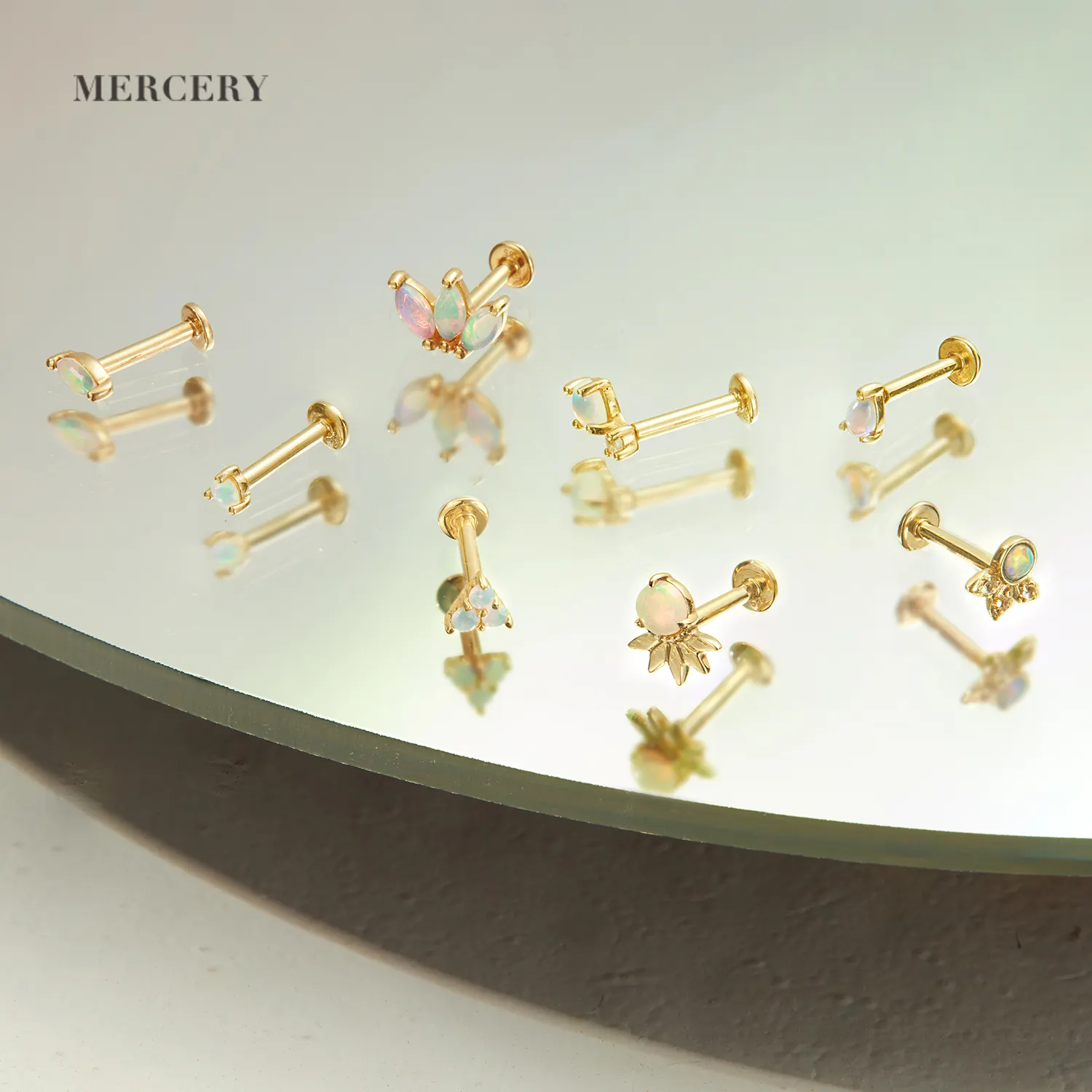 Mercery body piercing bijoux véritable or plat oro 14 k 18k 9k luxe opale à filetage interne 14 k solide or piercing boucle d'oreille