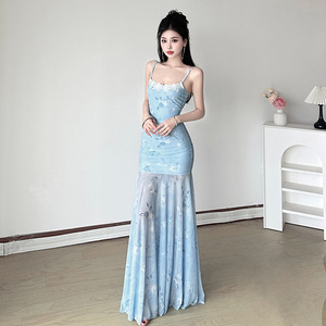French Style Light Blue Floral Print Mesh Suspender Dress Women Natural Waist Sweetheart Neckline Fishtail Bodycon Maxi Evening - Product Image 2