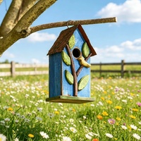 VENTE FLASH - Niche à oiseaux en bois suspendue pour l'extérieur, 9,7 pouces, avec feuilles bleues, décoration de jardin, niche pour oiseaux sauvages
