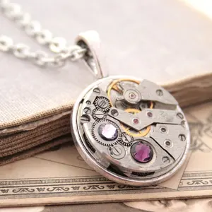 925 sterling silver Steampunk Necklace Amethyst on Watch Movement, Birthstone pendant necklace February Birthday gift for Her