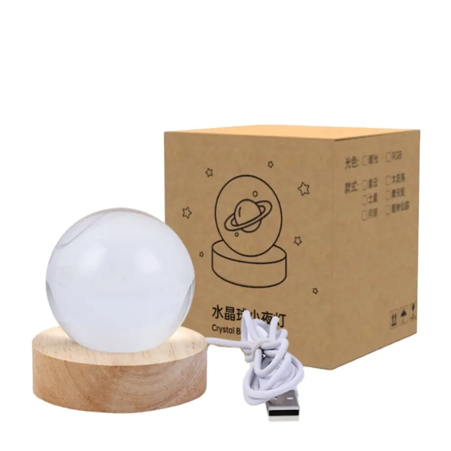 Lampe de projection de bureau led boule de cristal veilleuse lampe de chevet usb rechargeable lumière d'ambiance décoration de la maison lumière d'ambiance en bois