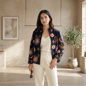 Blazer en cuir écoresponsable brodé à la main Luna Fiora Suzani avec doublure en laine, taille unique, artisanat kashmiri, idéal pour le printemps - Product Image 3
