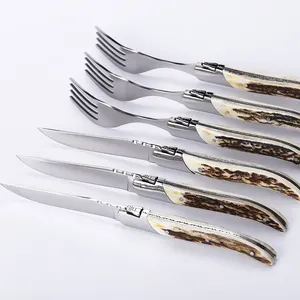 Vente directe en <span class=keywords><strong>usine</strong></span> manche en bois de cerf <span class=keywords><strong>Laguiole</strong></span> ensemble de couverts en acier inoxydable ensemble de couverts couteau à steak et fourchette ensemble pour la maison hôtel - Product Image 1