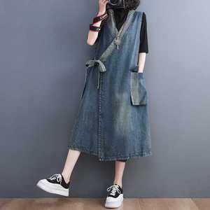 Retro Slant Lapel Lace Long Denim Vest Loose Midi Dress Natural Waist <strong>Old</strong> Color Matching Casual Style Woven <strong>Pattern</strong> - Product Image 3