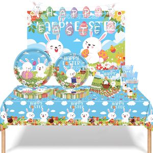 <b>Easter</b> Party Decoration Tablecloth Bunny Paper Plate <b>Cup</b> Napkin Cutlery Set Disposable Cartoon Style Party Supplies Kit - Product Image 1