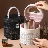 Sac de maquillage cylindrique rond pour femme en tweed de luxe avec poignée en perles, grande capacité, miroir de voyage portable et garniture en cuir