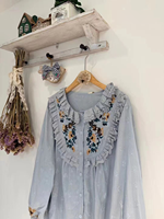 Nouvelle chemise à manches longues en dentelle douce, col Claudine, broderie colorée, style fille, ample et douce, polyvalente