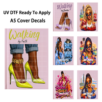 Pegatinas de transferencia UV DTF impermeables listas para aplicar para cubiertas de cuadernos A5 con diseño de niña afroamericana, motivación y fe, para diario.