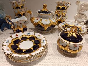 Complete Cobalt Blue Gold Embossed Floral Bone China Tea Set With <b>Teapot</b> Cups Sugar Creamer Baroque Style - Product Image 4