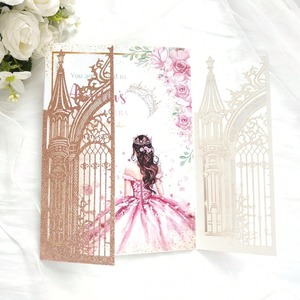 Tarjetas de Invitación de Boda con Diseño de Castillo de Princesa en Oro Rosa, Corte Láser Plateado Champán, Tarjeta de Confirmación de Fecha para Quinceañera - Product Image 4