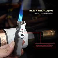 Briquet métallique droit à trois flammes, coupe-cigare, résistant au vent, à gaz butane visible, pour bougies, vente en gros JiaXin JX-3901