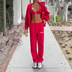 Completo da donna autunnale 2026 di tendenza: <span class=keywords><strong>Tuta</strong></span> sportiva rossa personalizzata con felpa con zip e pantaloni a gamba larga - Product Image 2