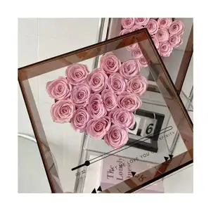 Hoa hồng vĩnh cửu kính vuông hộp quà tặng hoa florist vuông màu hồng nhung hoa Mũ hộp