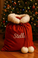 Sac cadeau de Noël bordeaux en fausse fourrure avec pompons, grand sac de Noël personnalisé de luxe pour les fêtes