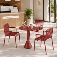 Ensemble table et chaises en métal d'extérieur rouge empilable, mobilier moderne et minimaliste pour salons de thé, cafés, cours et maisons d'hôtes