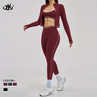 Ensemble 3 pièces pour femme, design color block extérieur, vêtements de sport coupe-vent ajustés à taille haute avec fermeture éclair pour fitness et yoga