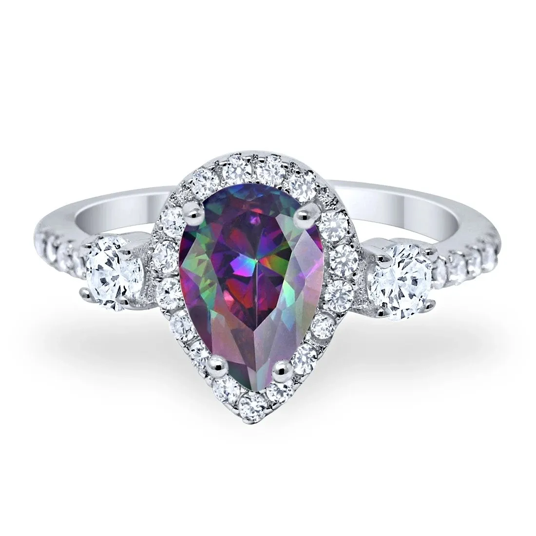 10K White Gold Plated Jewelry Halo Diamond Teardrop Cut Mystic Topaz Fashion Rainbow CZ Gemstone Engagement Rings