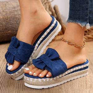 2025 Summer New Wedge Bow Sandals Women's Beach <b>Thick</b>-soled Hemp <b>Rope</b> Plus Size Slippers - Product Image 3